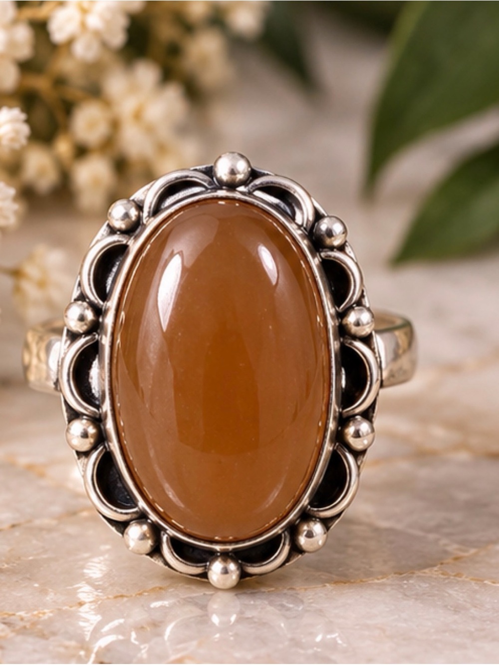 925Sterling Silver plated Brown Agate Oval Statement Ring - Brown